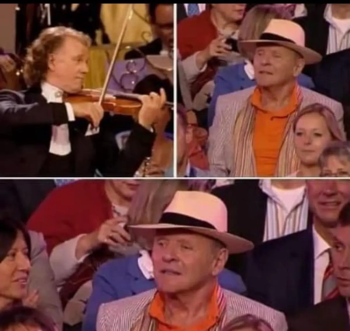 A split-screen image shows a violinist playing in formal attire on the left, while on the right, an older man in a pink hat…