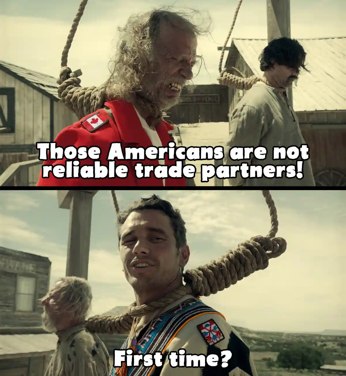 The top panel shows a man in a red jacket with a Canadian flag patch, screaming while hanging by a rope, with text…