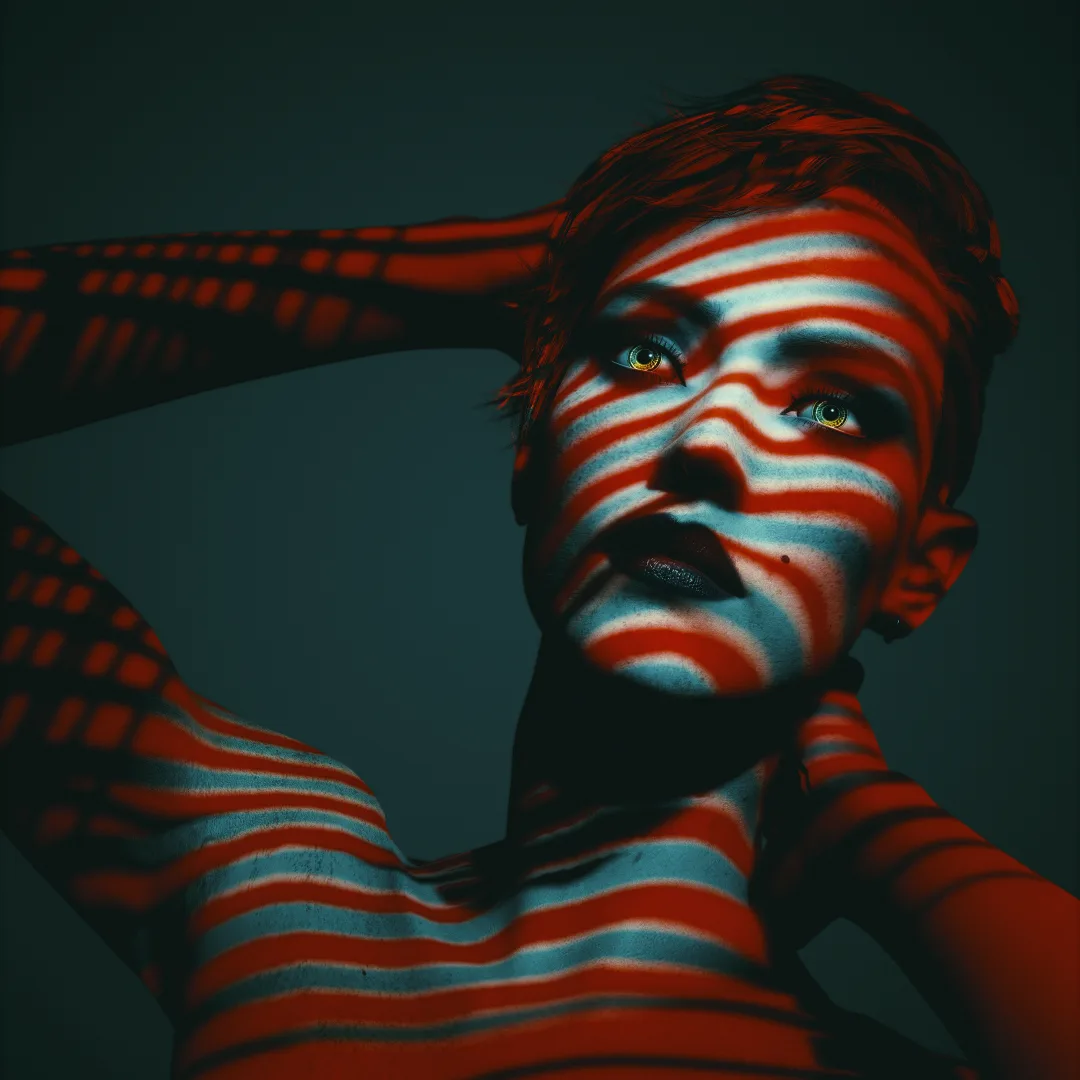 A person with short hair has red and blue striped light patterns projected across their face and torso, with arms raised…
