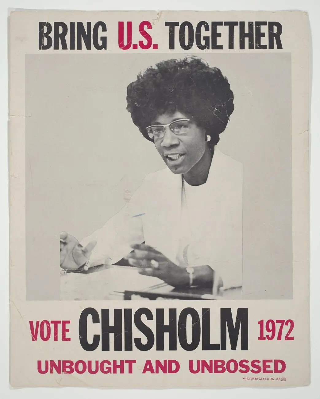 A vintage 1972 political campaign poster for Shirley Chisholm features a black-and-white photo of her speaking with…