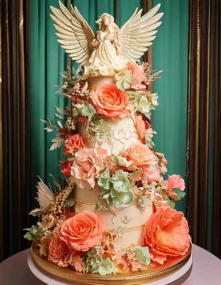 A tall, multi-tiered wedding cake decorated with coral and mint green sugar flowers, gold accents, and a large angel…