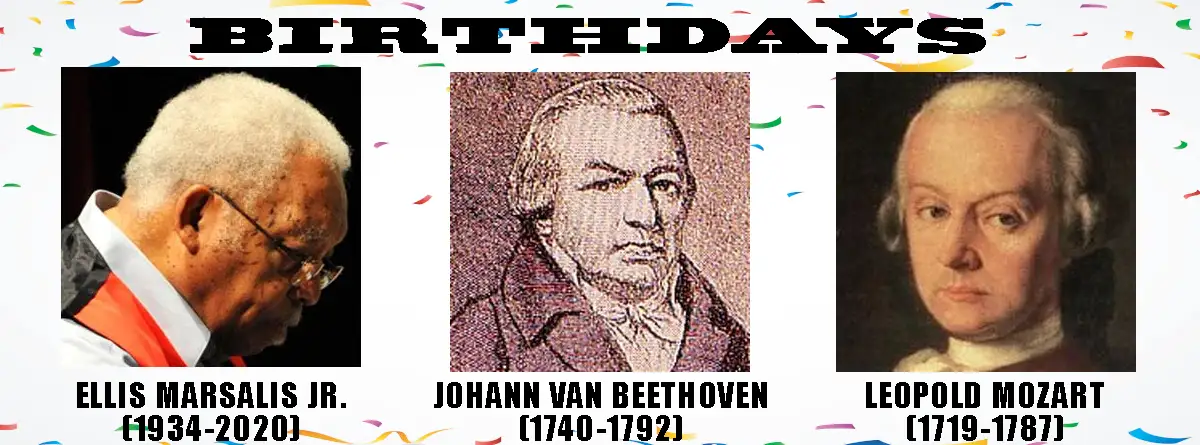 A celebratory birthday meme featuring three portraits: a modern photo of Ellis Marsalis Jr., a pixelated portrait of Johann…