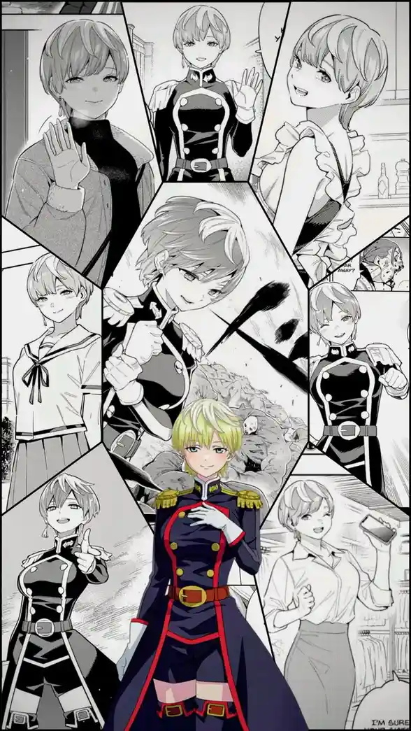 A black-and-white manga collage featuring multiple panels of the same anime character, a young woman with short hair, shown…