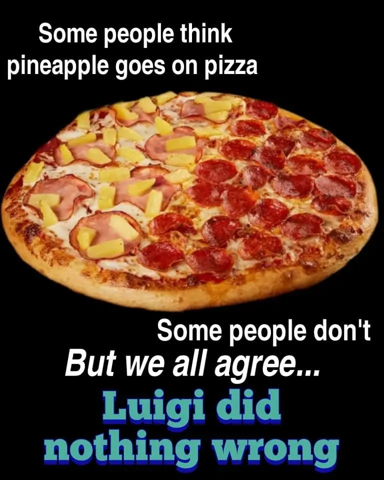 A pizza is split down the middle, one half topped with pepperoni and the other with pepperoni and pineapple. White text at…