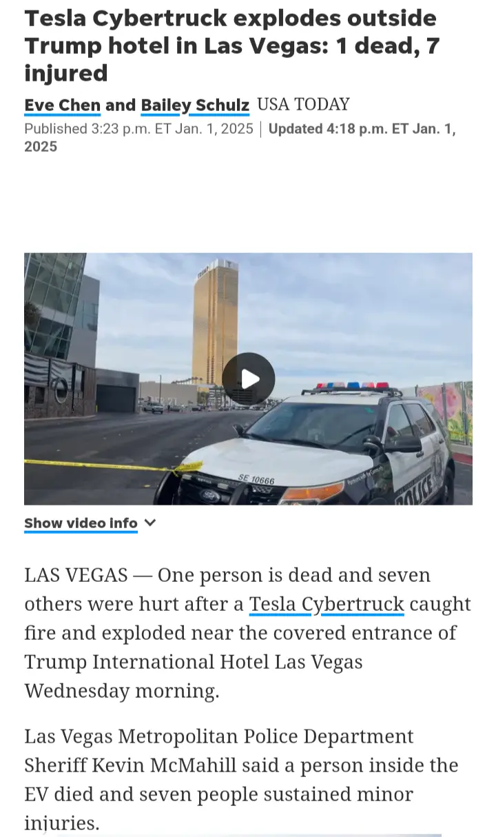 A screenshot of a USA TODAY news article shows a police car parked in front of a crime scene tape with the Trump…