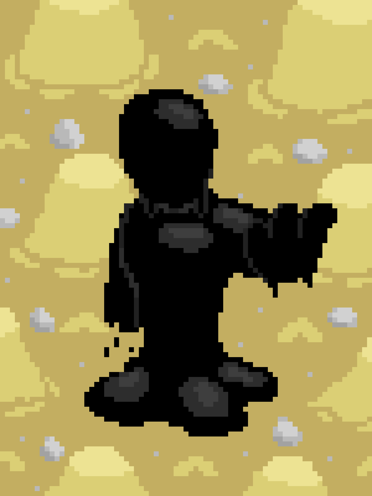A pixelated black bear sits cross-legged in a field of yellow clouds and gray rocks, with the text 'i'm not lazy, i'm in…