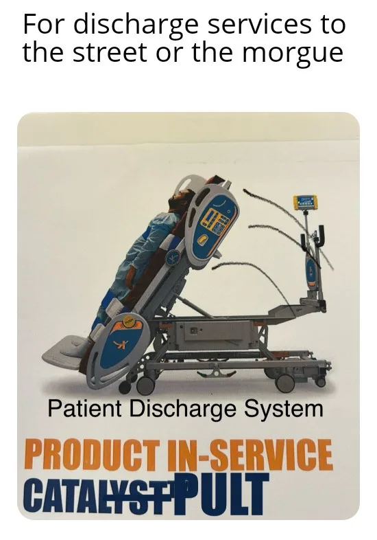 An advertisement-style image shows a patient lying on a hospital bed that is tilted almost vertically, with the head near…