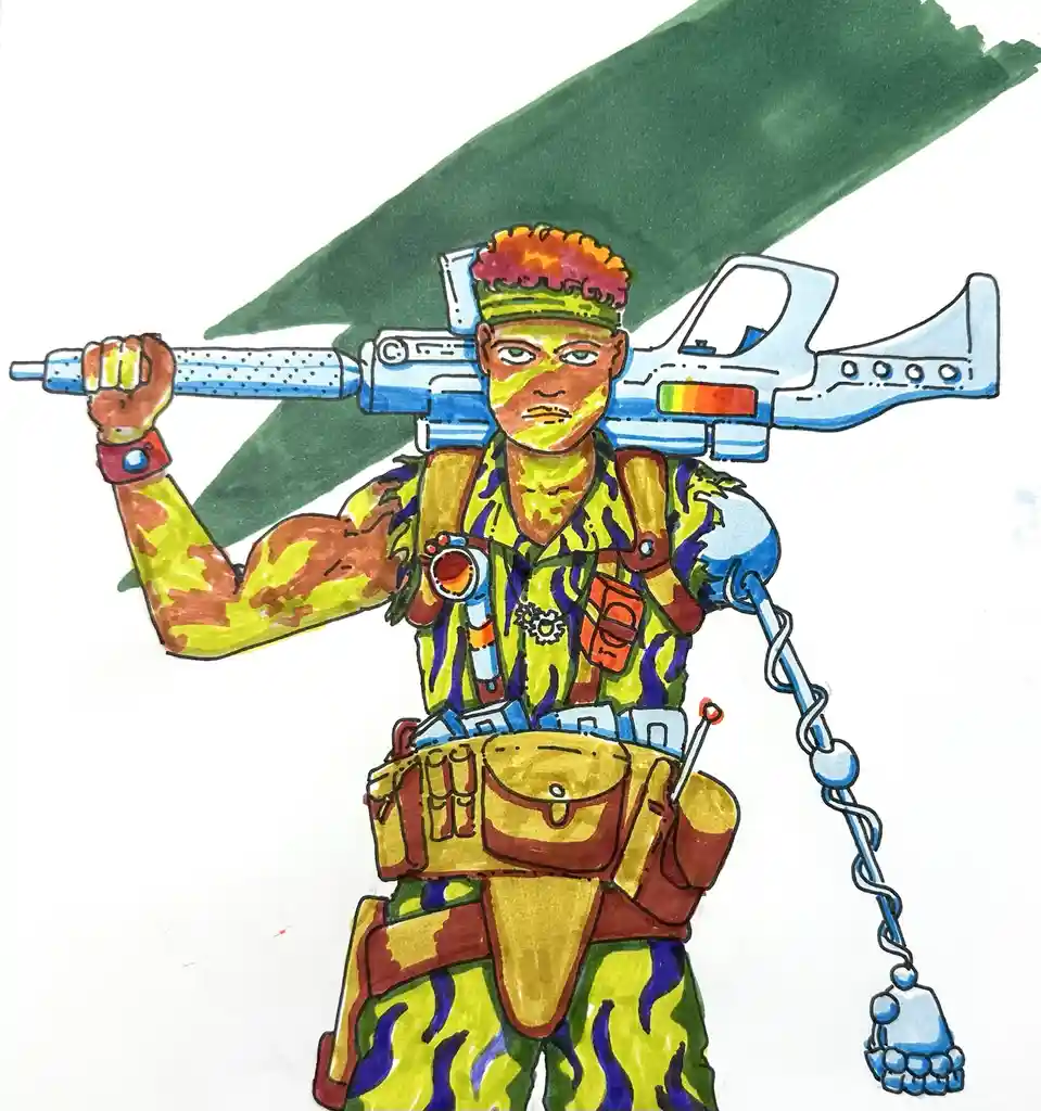 A colorful, cartoon-style drawing shows a muscular soldier in yellow and green camouflage gear, holding a large blue…