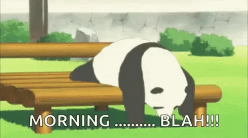 A six-panel anime-style meme showing a panda on a wooden bench progressively turning its back to the viewer, with the text…