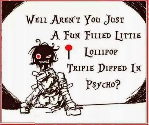 A black-and-white cartoon drawing of a sinister-looking, bandaged, skeletal child with red eyes and a lollipop stick…