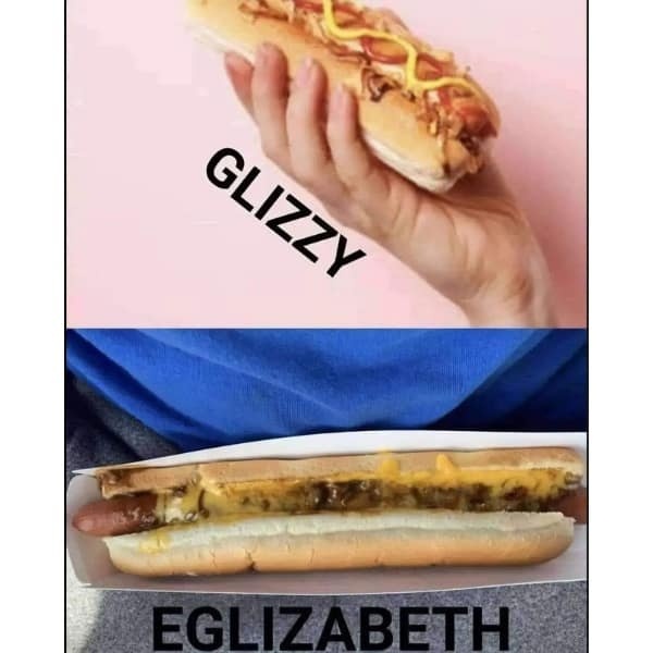 The image is split into two panels. The top panel shows a hand holding a hot dog with mustard and relish, labeled 'GLIZZY'…