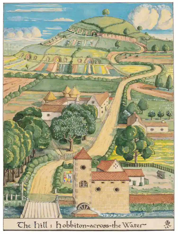 A vintage-style illustration depicts a rolling green hill with terraced fields and hobbit holes, viewed from across a river…