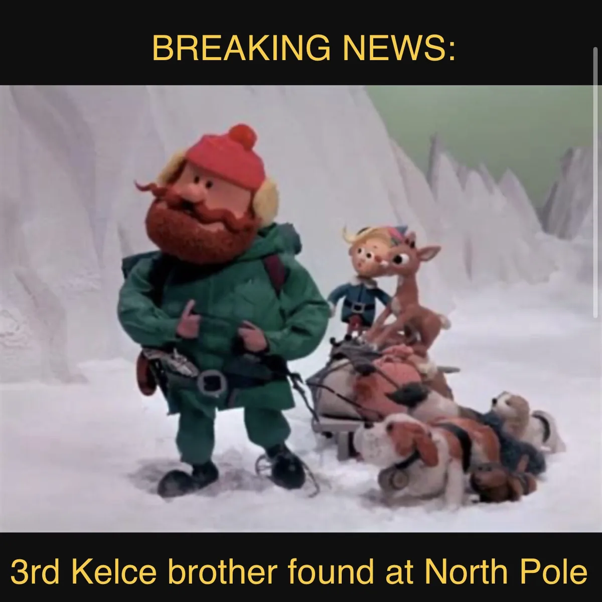 A still from the stop-motion animated film 'The Snowman' shows a large bearded man in a green parka and red hat standing in…