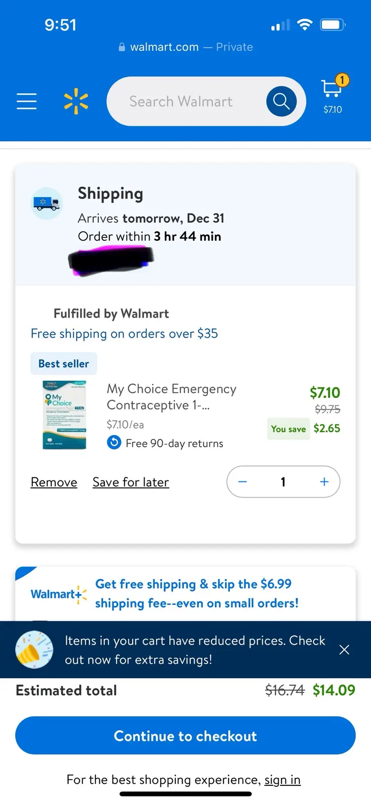 A screenshot of a Walmart.com shopping cart showing 'My Choice Emergency Contraceptive' priced at $7.10, with a shipping…