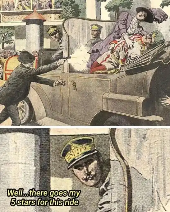 The top panel shows a man in a suit shooting at a car with a woman and a uniformed officer inside, while another officer…