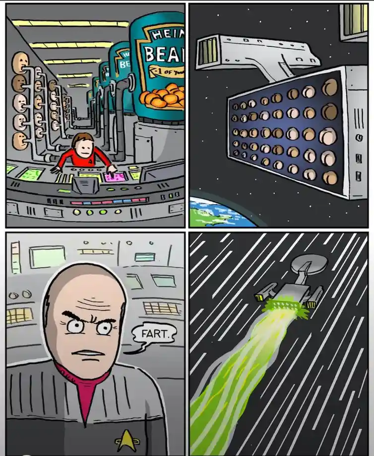 A four-panel comic shows a Star Trek-style captain operating a console with Heinz Beanie Babies cans, then a spaceship with…