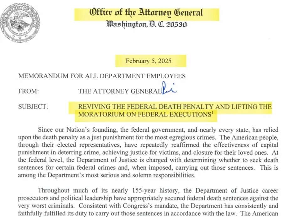 A fake official memorandum from the Office of the Attorney General dated February 5, 2025, with the subject line 'REVIVING…