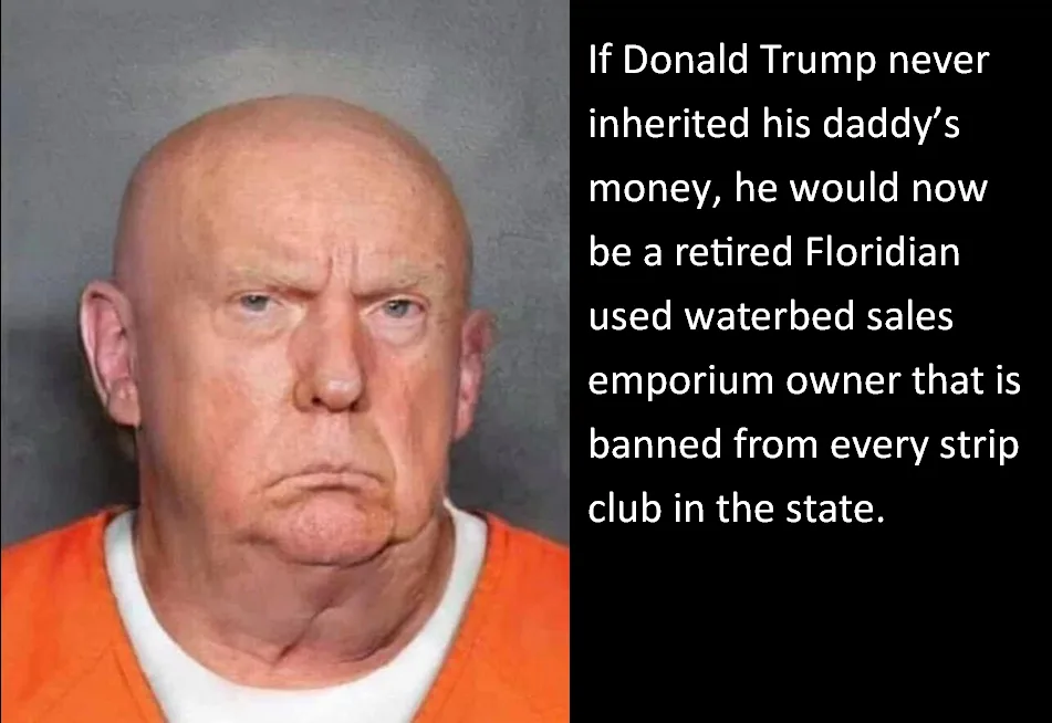 A mugshot-style photo of Donald Trump wearing an orange jumpsuit over a white undershirt, looking stern. The image has a…