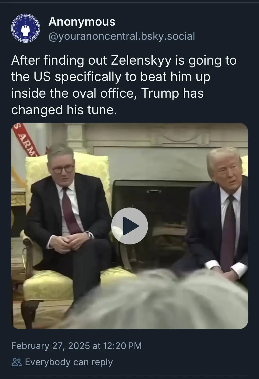 A screenshot of a social media post showing a video thumbnail of two men in suits sitting in ornate chairs in front of a…