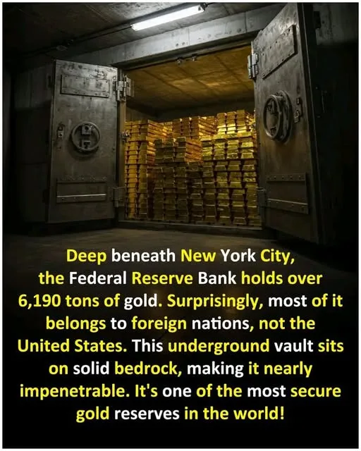 An image of a massive, open steel vault door revealing stacks of gold bars inside. Overlaid yellow text states that beneath…