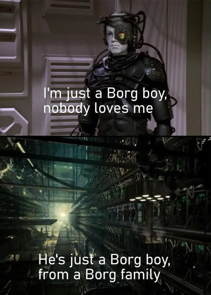 The top panel shows a Borg drone from Star Trek with overlaid text reading 'I'm just a Borg boy, nobody loves me.' The…