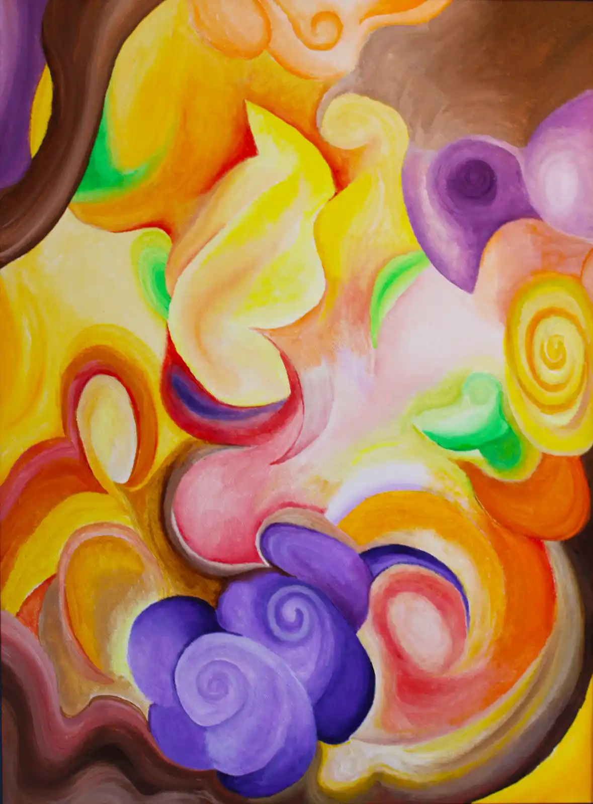 A vibrant abstract painting featuring swirling, organic shapes in warm yellows, oranges, pinks, and cool purples against a…