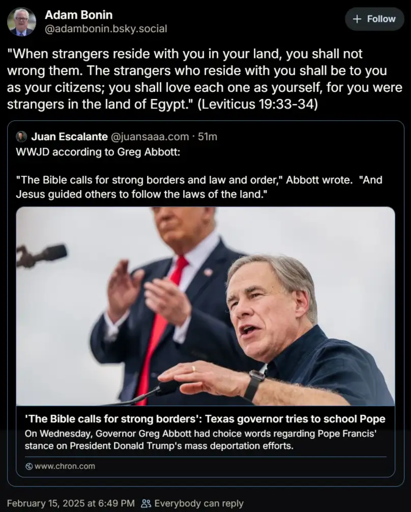 A screenshot of a social media post showing a photo of Texas Governor Greg Abbott speaking, with Donald Trump blurred in the…