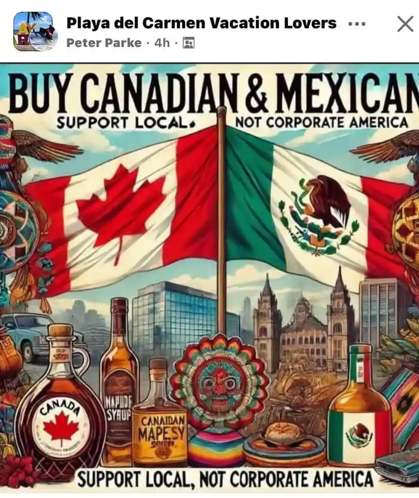 An illustrated poster features the Canadian and Mexican flags waving side-by-side over a cityscape, with bottles of Canadian…