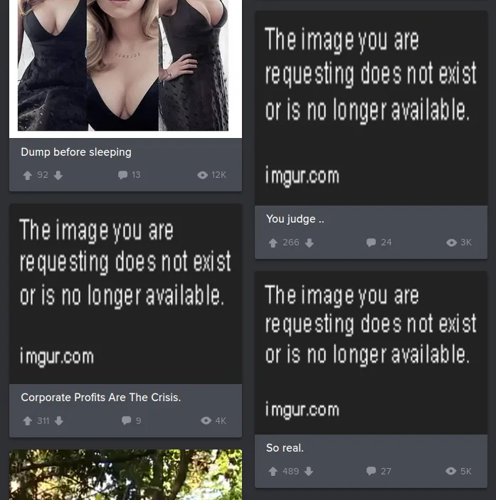A collage of four Imgur comment sections, each showing the 'image not found' error message. The top-left image shows a woman…