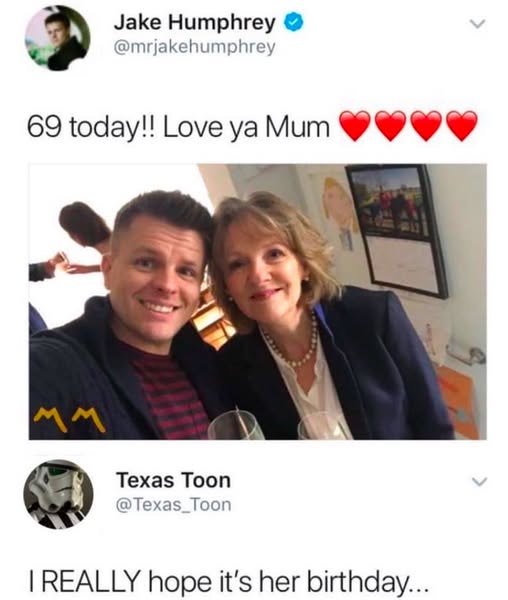 A screenshot of a tweet from Jake Humphrey showing a selfie with his mother, celebrating her 69th birthday with hearts…