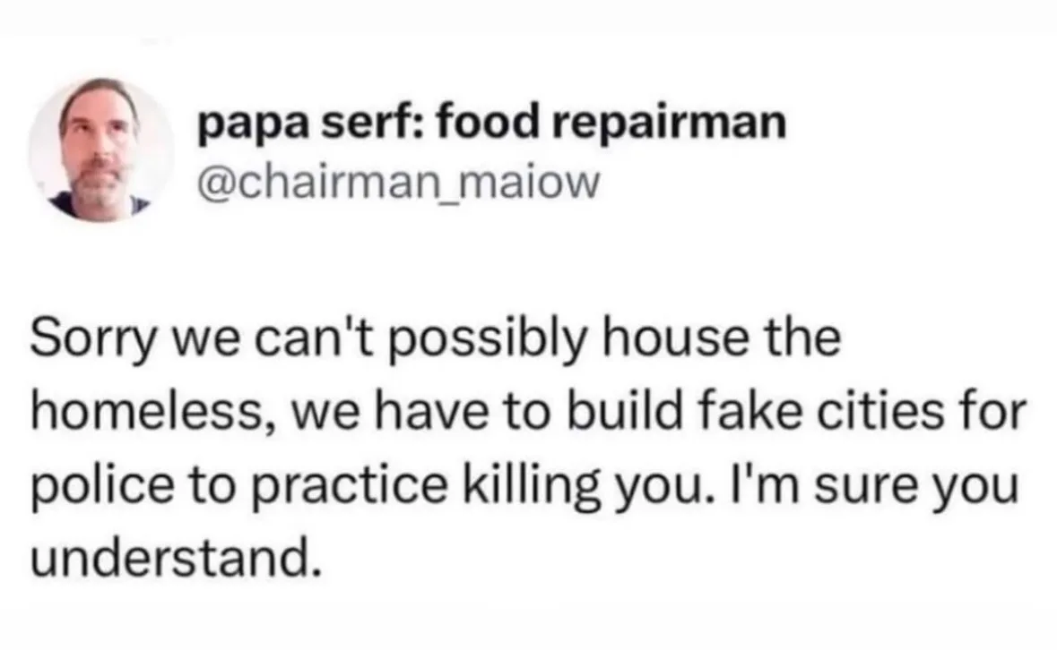 A screenshot of a social media post by 'papa serf: food repairman' (@chairman_maiow) featuring a man's headshot and the…