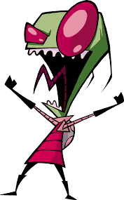 A cartoon character with a green, insect-like head, large pink eyes, and a wide, toothy grin, wearing a pink dress and black…