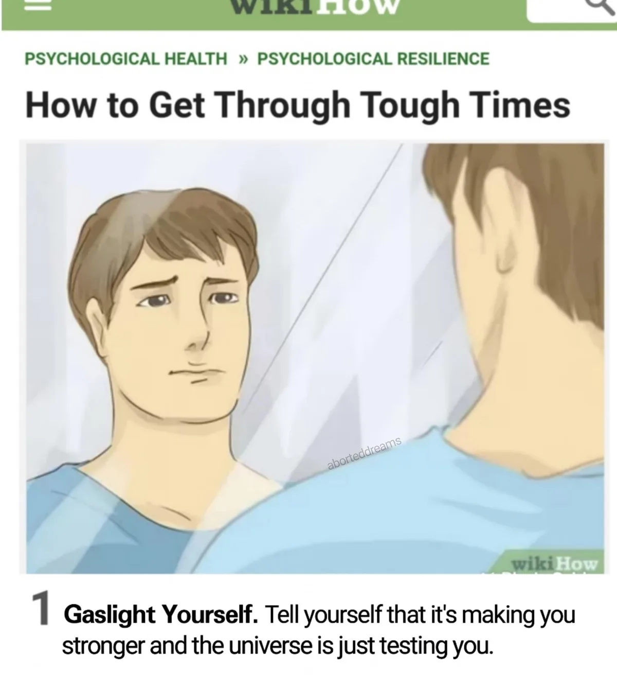 The image shows a WikiHow article titled 'How to Get Through Tough Times' with an illustration of a person looking at their…