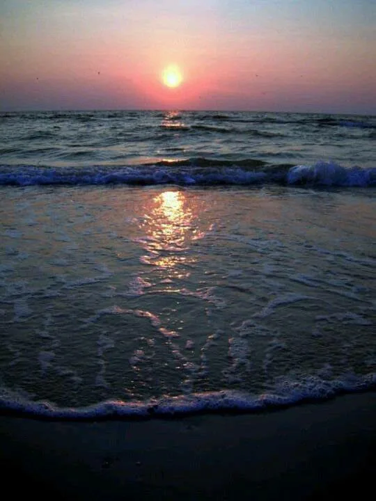 A serene sunset over the ocean with gentle waves rolling onto a dark beach, the sun casting a warm glow across the water…