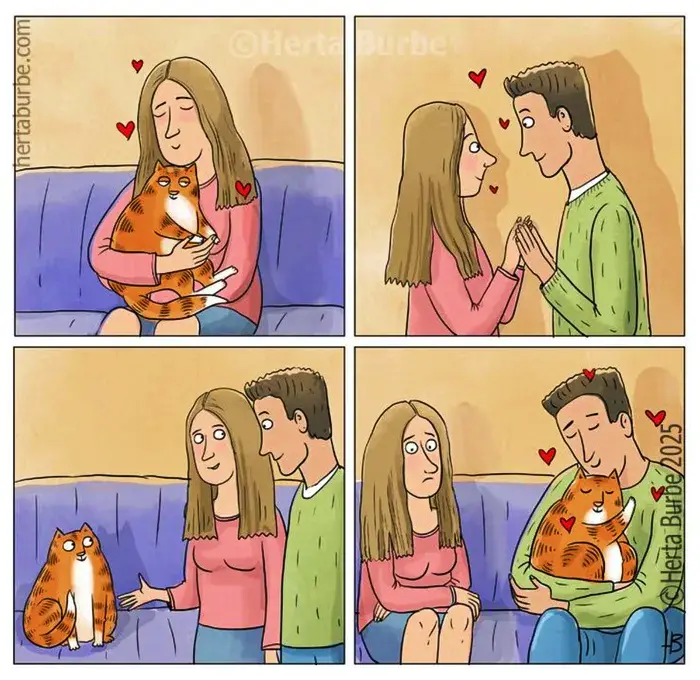 A four-panel comic strip shows a woman lovingly holding a cat, then a man proposing to her. The woman happily accepts, but…