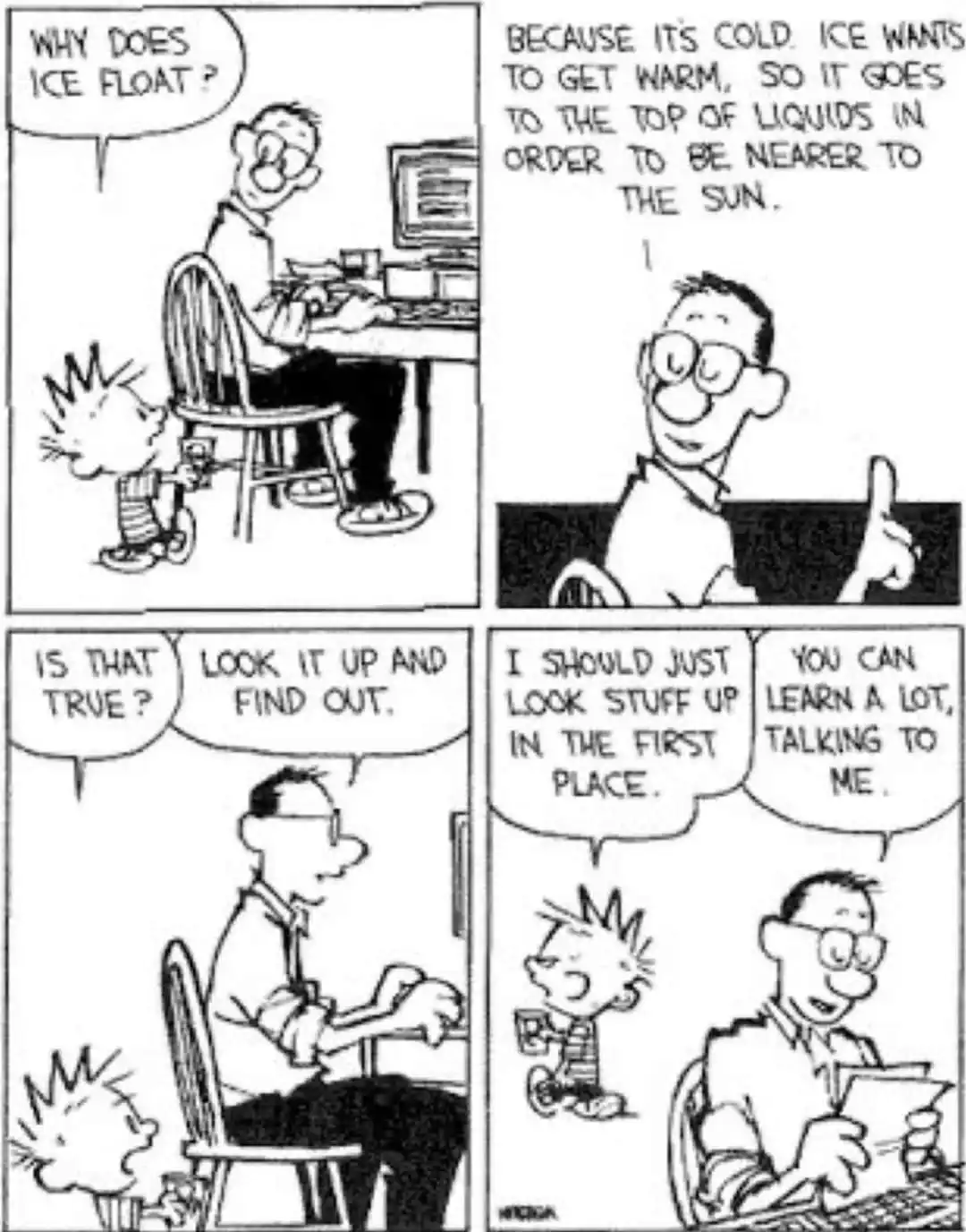 A four-panel comic strip shows a child asking why ice floats, and a father giving a scientifically inaccurate answer that…