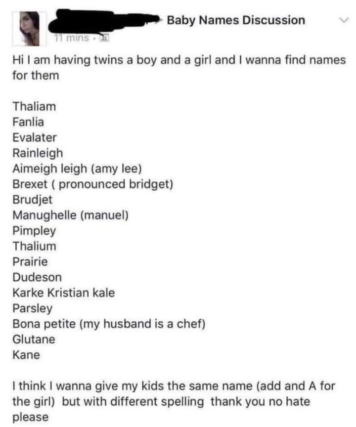 A screenshot of a social media post in a 'Baby Names Discussion' thread where a user lists bizarre and invented baby names…