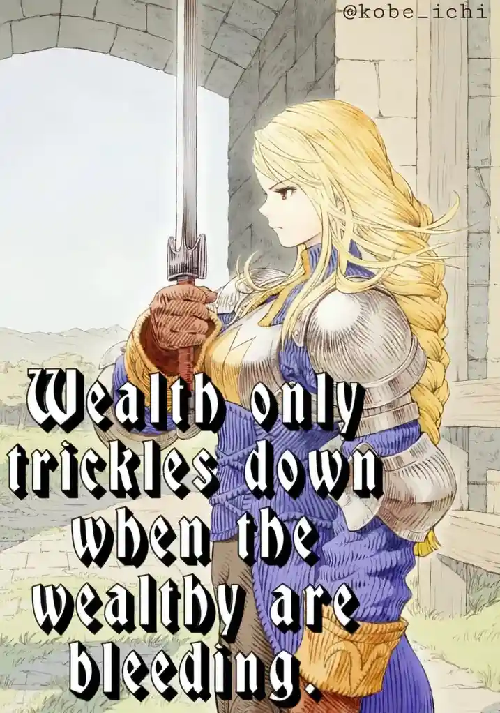 A blonde anime-style female knight in blue and silver armor stands in a stone archway holding a sword, with the text 'Wealth…