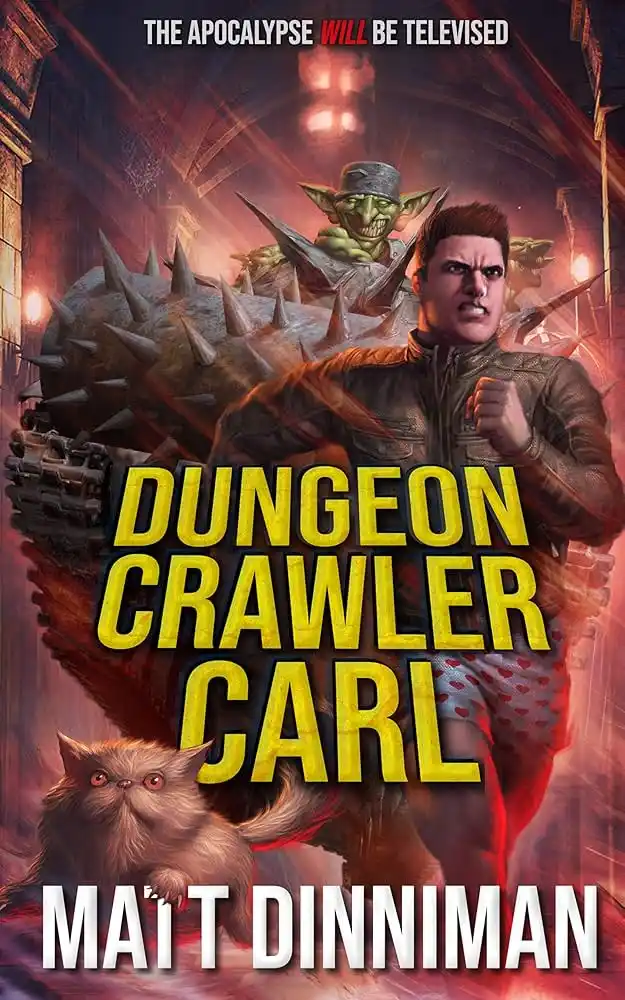 A book cover for 'Dungeon Crawler Carl' by Maït Dinniman features a man in a leather jacket and heart-patterned underwear…