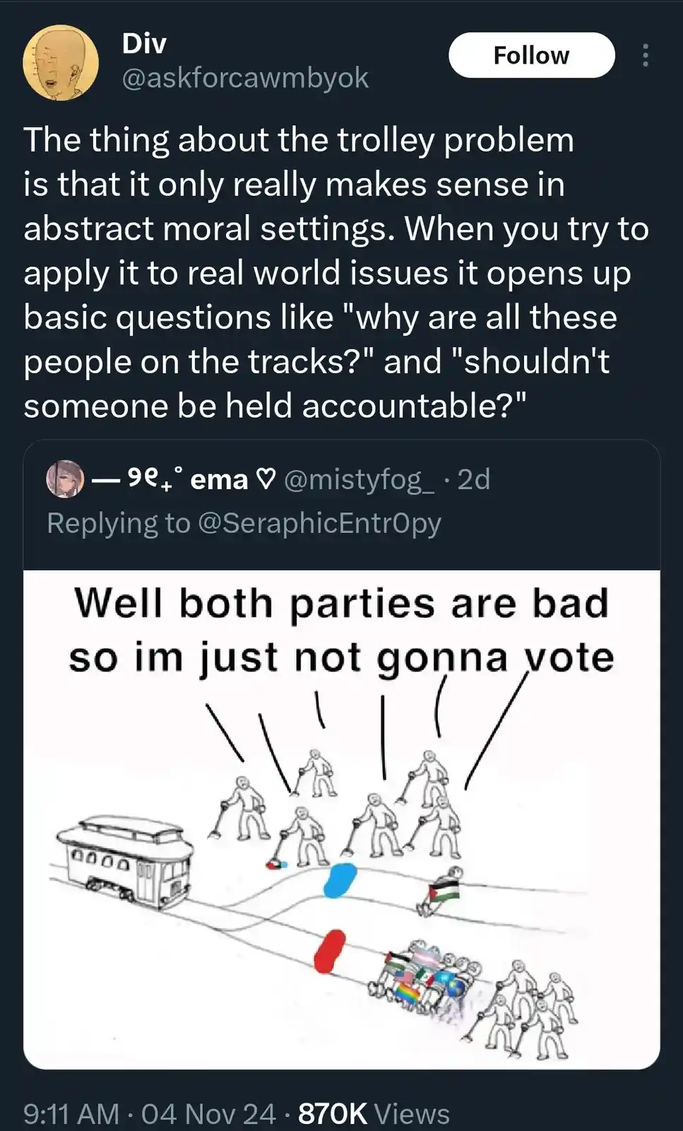 A hand-drawn image depicts a trolley on tracks approaching two diverging paths. One path has a single person holding a flag…