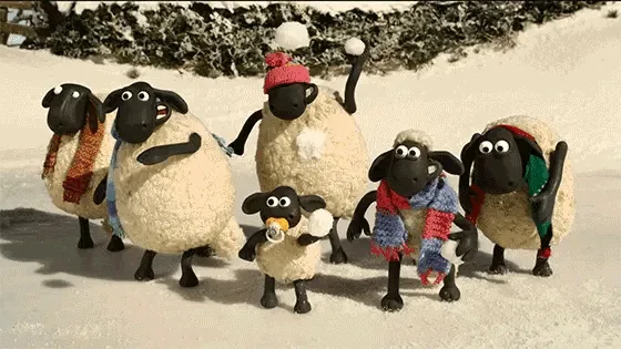 A six-panel animation strip from the show 'Shaun the Sheep' shows a group of woolly sheep in a snowy field. One sheep…