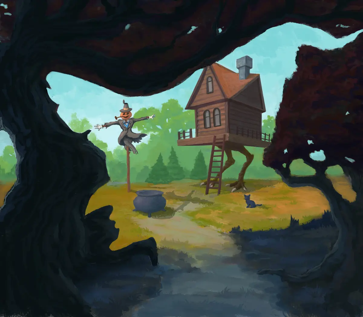 A whimsical illustration shows a view through dark tree branches into a scene with a scarecrow wearing a top hat and smoking…