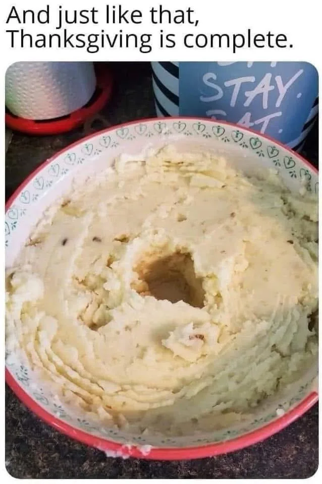 A close-up photo shows a bowl of mashed potatoes with a large, perfectly circular hole in the center, resembling a donut…