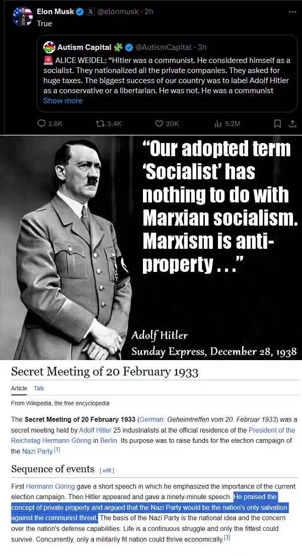 A black-and-white photo of Adolf Hitler in a military-style uniform, overlaid with large white text quoting him: 'Our…