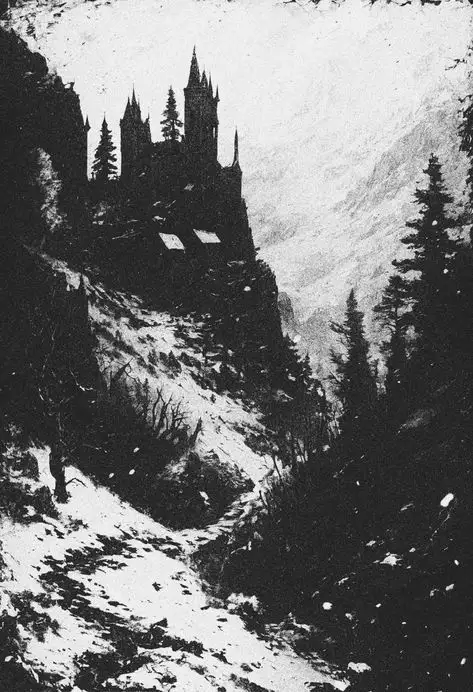 A black-and-white, vintage-style illustration depicts a dark, gothic castle perched atop a steep, snow-dusted mountain…