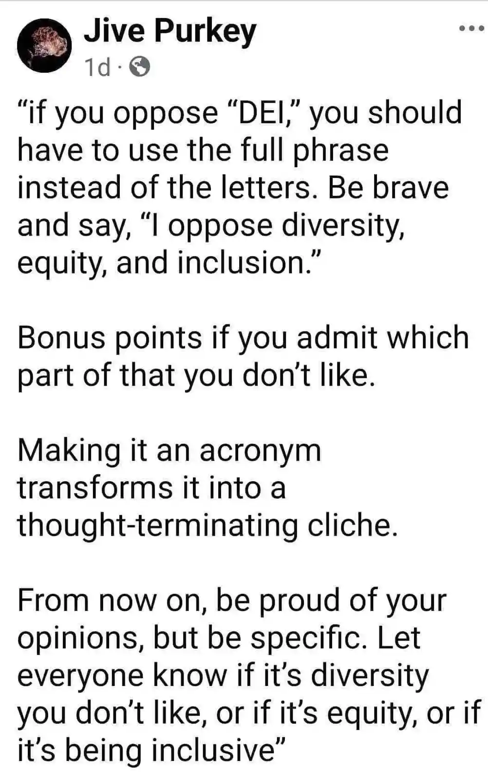 A screenshot of a Facebook post by 'Jive Purkey' from one day ago, displaying a block of black text on a white background…