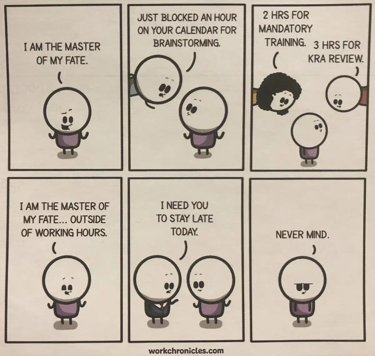 A six-panel comic strip shows a round-headed cartoon character initially declaring 'I am the master of my fate,' then being…