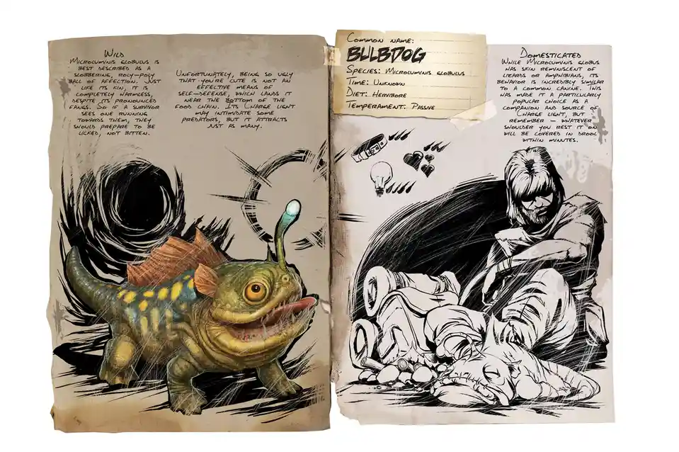 An open field guide shows two pages about a fictional creature called 'BulbDog'. The left page depicts a wild, ugly…