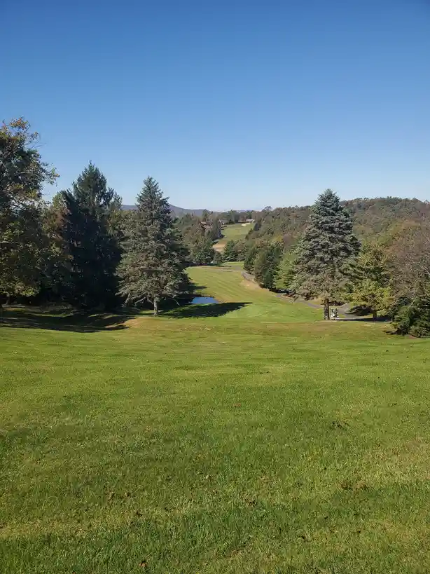 A wide shot of a sunny, tree-lined golf course with a small pond and distant hills under a clear blue sky. A golf cart is…