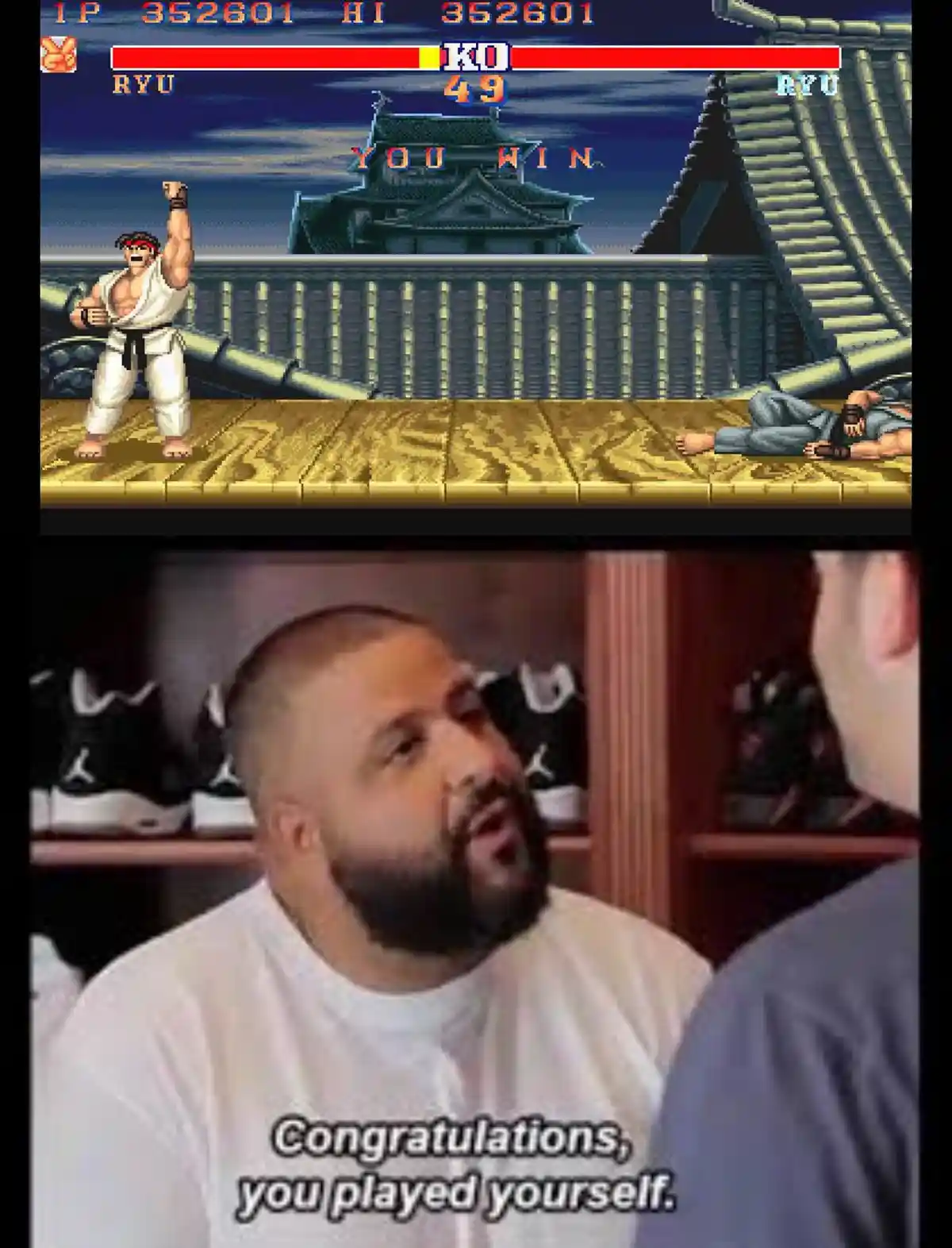 The top panel shows a pixelated Street Fighter game scene where Ryu stands victorious over a fallen opponent, with 'YOU WIN'…